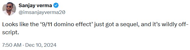 Tweet reading 'Looks like the ‘9/11 domino effect’ just got a sequel, and it’s wildly off-script.'