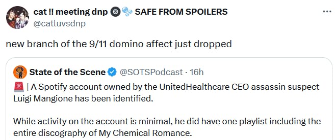 Tweet reading 'new branch of the 9/11 domino affect just dropped.'