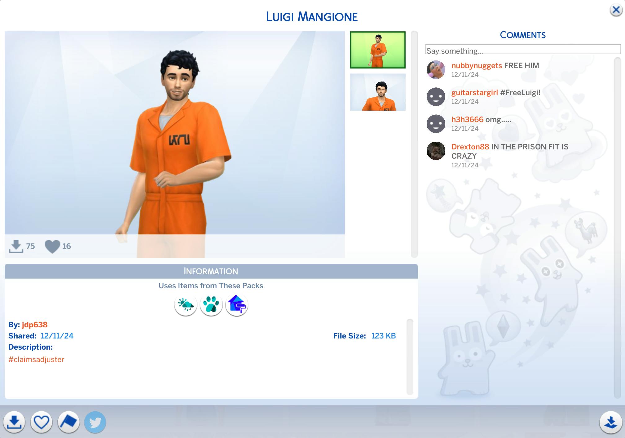 luigi mangione in orange jumpsuit in the sims 4