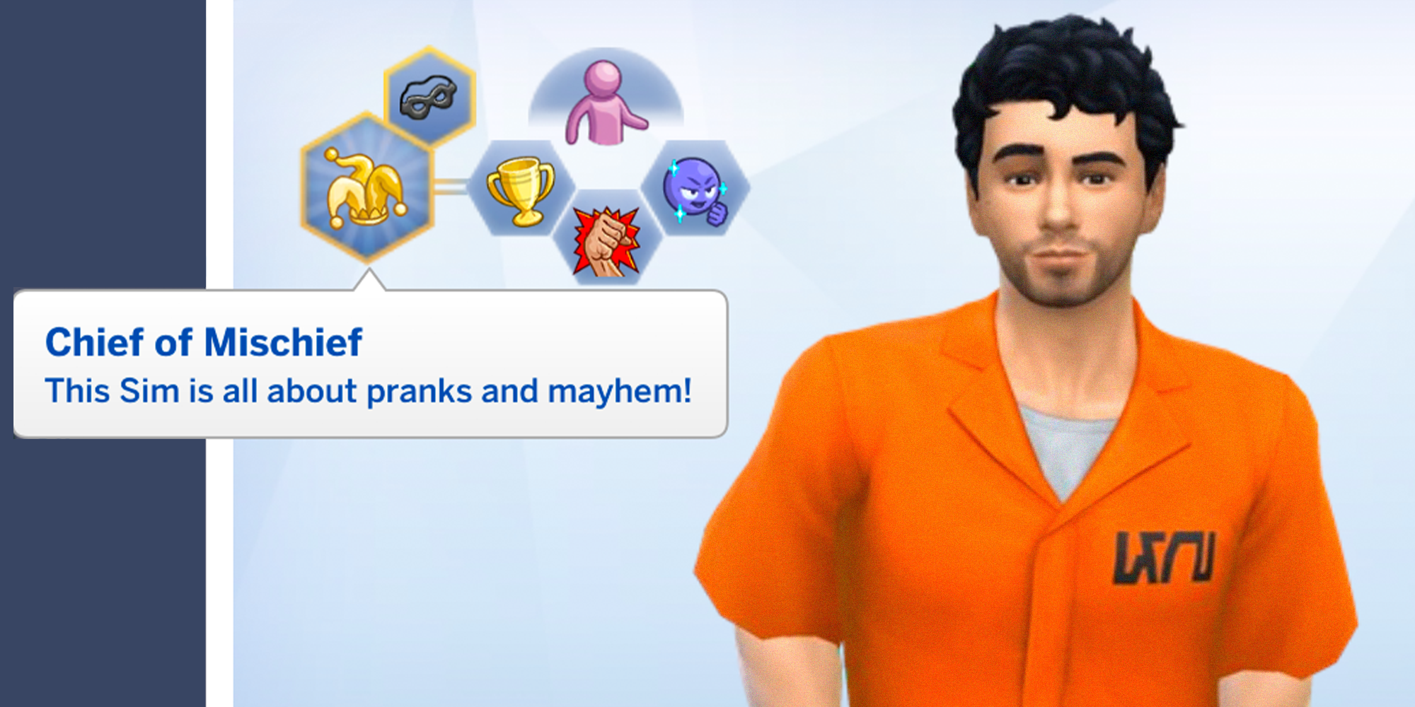 screenshot of luigi mangione character in the sims 4 with chief of mischief trait