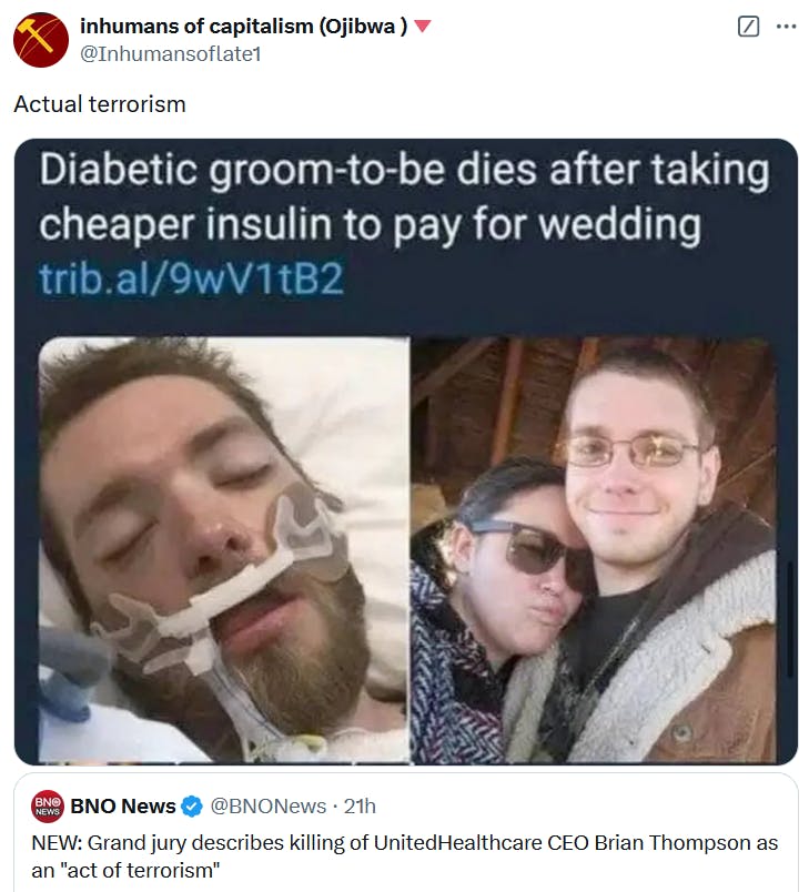 Tweet with a screenshot of a news story about a man dying because he took cheap insulin to pay for his wedding.