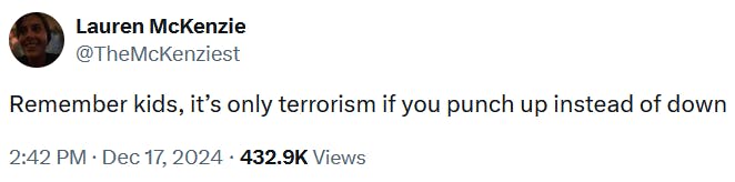 Tweet reading 'Remember kids, it’s only terrorism if you punch up instead of down.'