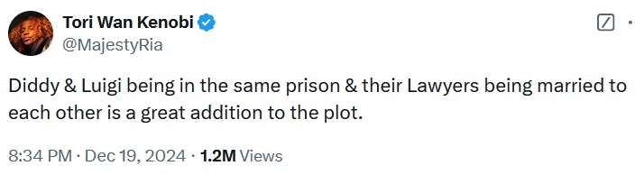 Tweet reading 'Diddy & Luigi being in the same prison & their Lawyers being married to each other is a great addition to the plot.'