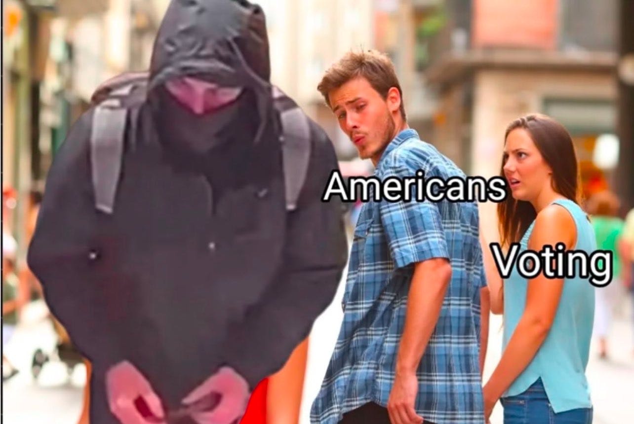 Distracted boyfriend meme of luigi mangioni. Boyfriend is Americans, girlfriend is Voting, and the walking girl is the shooter.