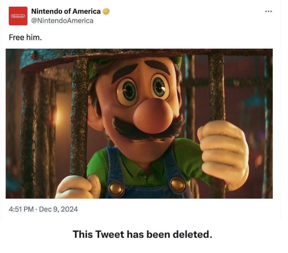 Tweet that reads, 'Free him.' that was allegedly posted by Nintendo of America with a screencap of Luigi from Mario Brothers looking scared in a cage. The bottom of the image says, 'This Tweet has been deleted.'