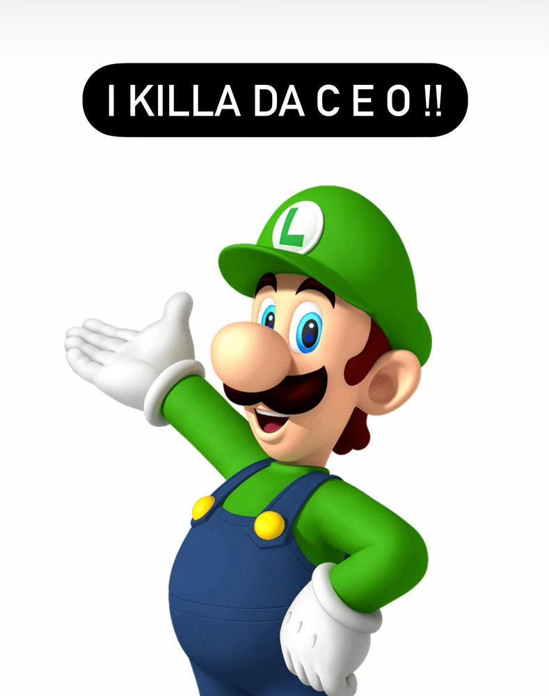 Image of Luigi from Mario Brothers with text that reads, 'I killa da CEO!!'