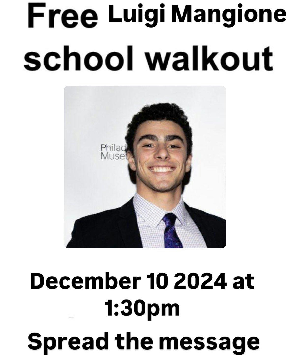 luigi mangioni meme of a mock-school walkout poster.