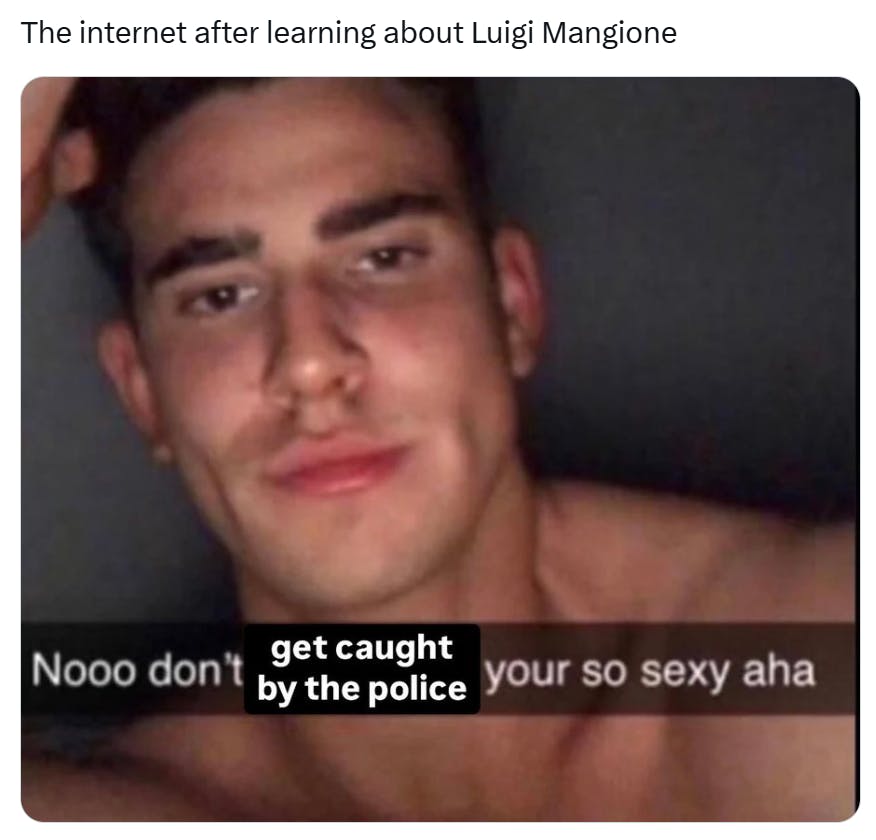 Tweet that reads, 'The internet after learning about Luigi Mangione' with a photo of a shirtless muscular man and an overlay that says 'Nooo don't get caught by the police your so sexy aha'