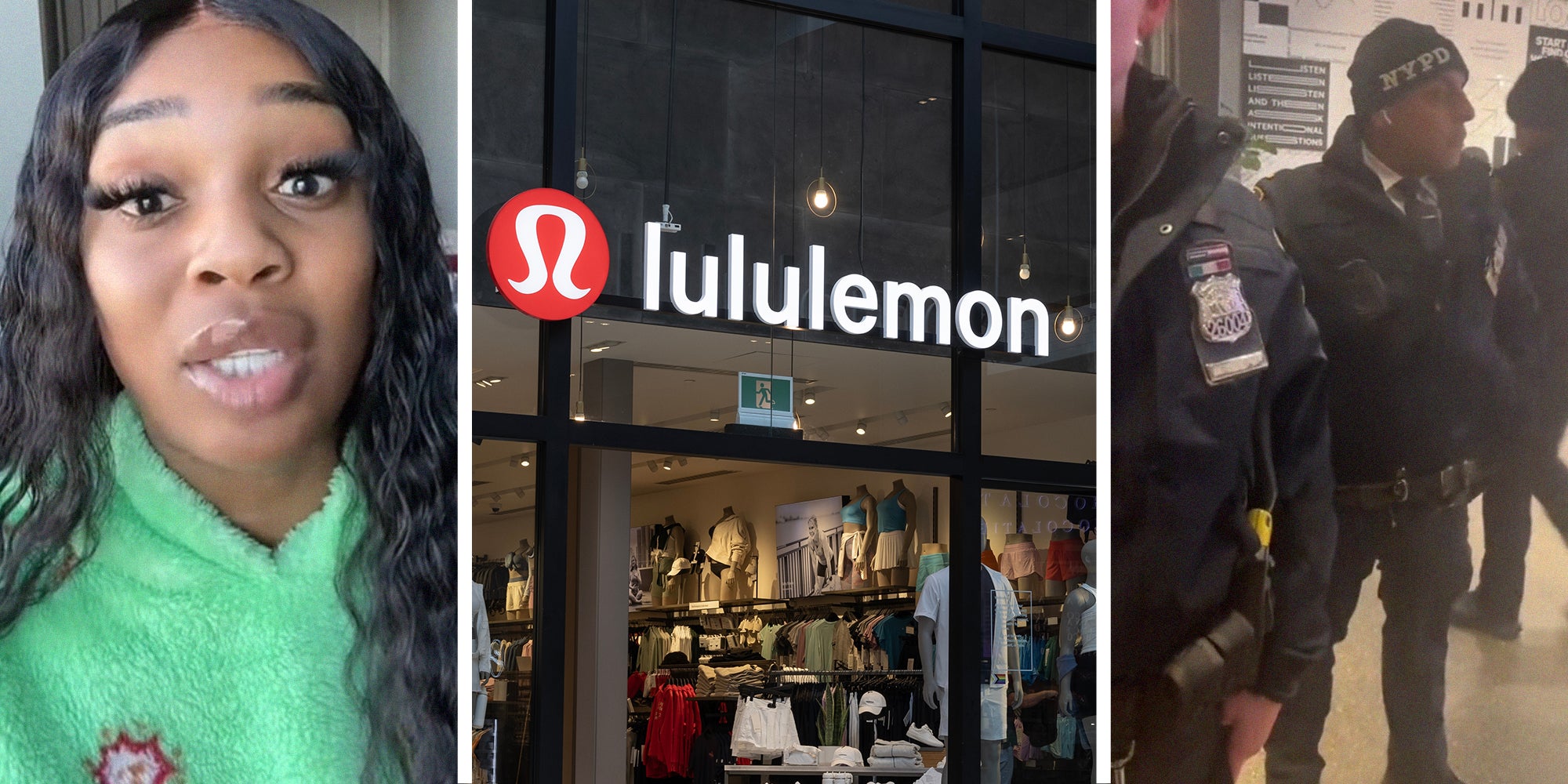Woman shares story about lululemon(l) Lululemon store front(c) Police Officers investigating a shopper(r)