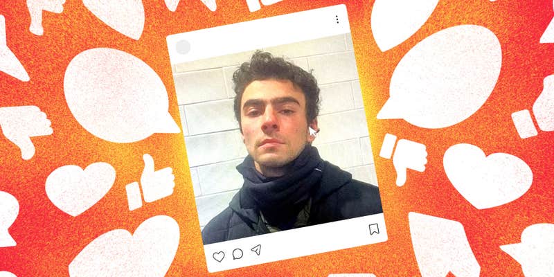 Photo of Luigi Mangione framed as an Instagram post, surrounded by like, dislike, heart, comment, and save icons.