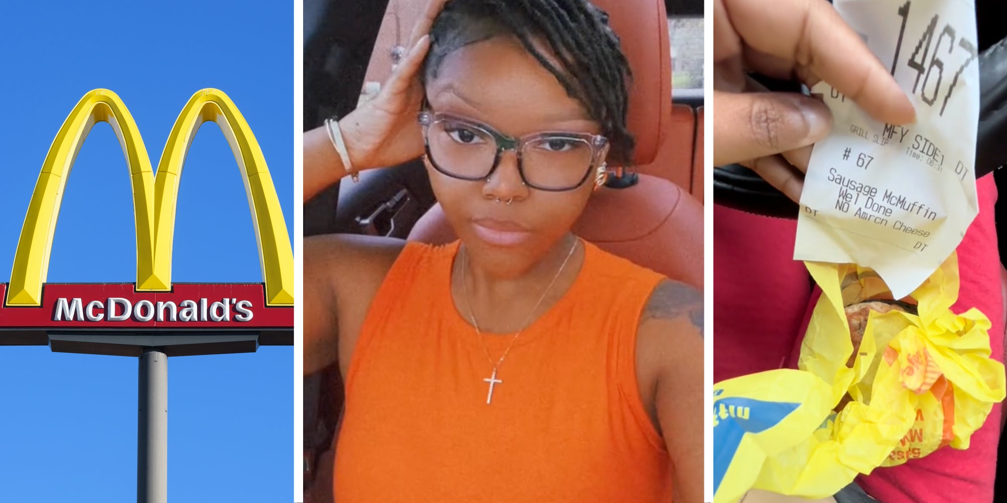 McDonald's sign(l), Woman talking(c), Receipt and wrapper(r)