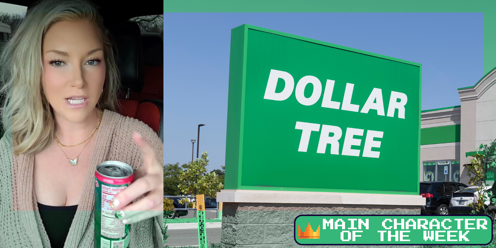 A woman looking at the camera and a dollar tree sign w/ overlay