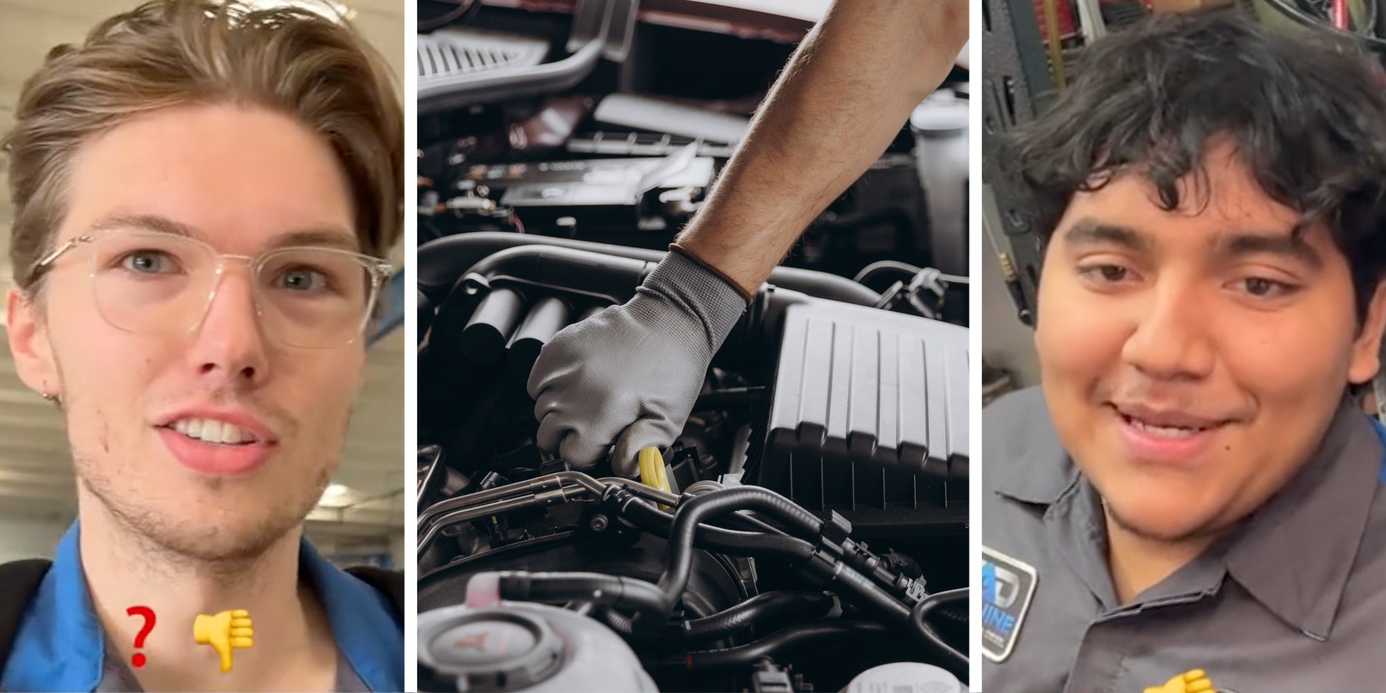 Man 1 talking(l), Mechanic working on car(c), Man 2 talking(r)