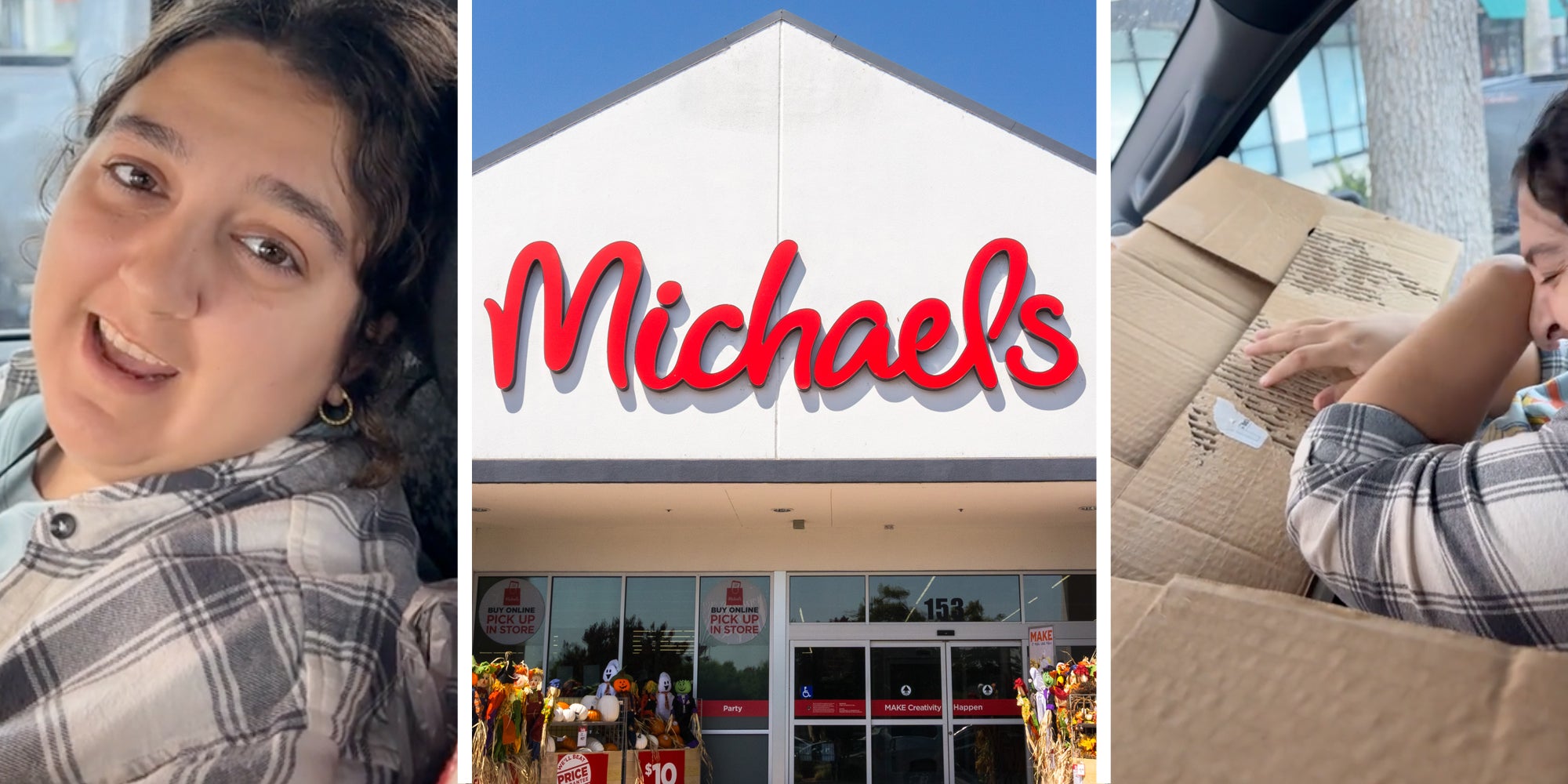 Woman talking(l), Michaels storefront(c), Woman laughing while holding box(r)