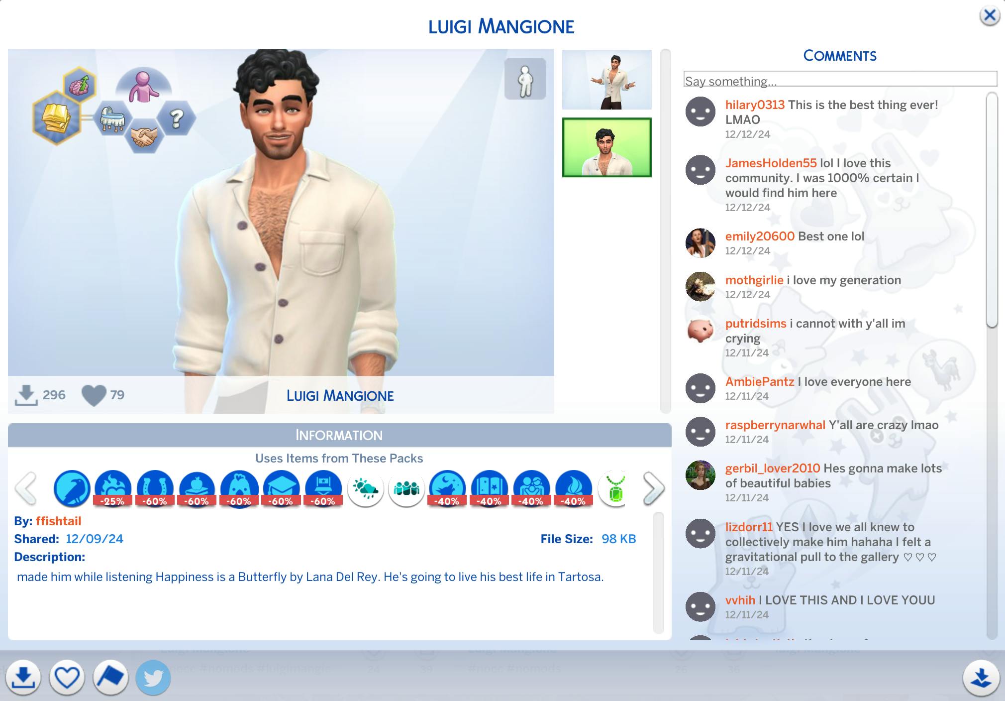 most popular luigi mangione sims character design