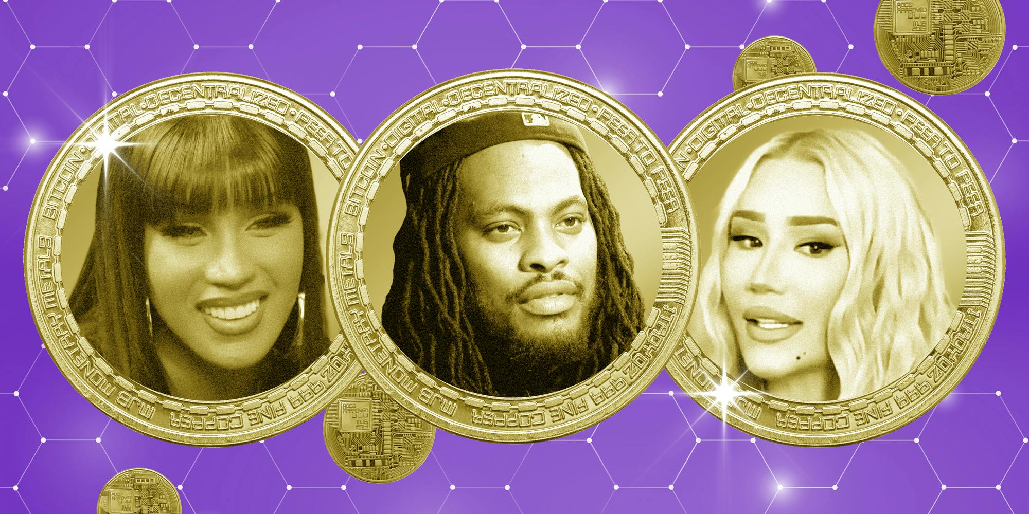 Photo collage image of Cardi B, Waka Flocka, and Iggy Azalea, all on crypto currency.