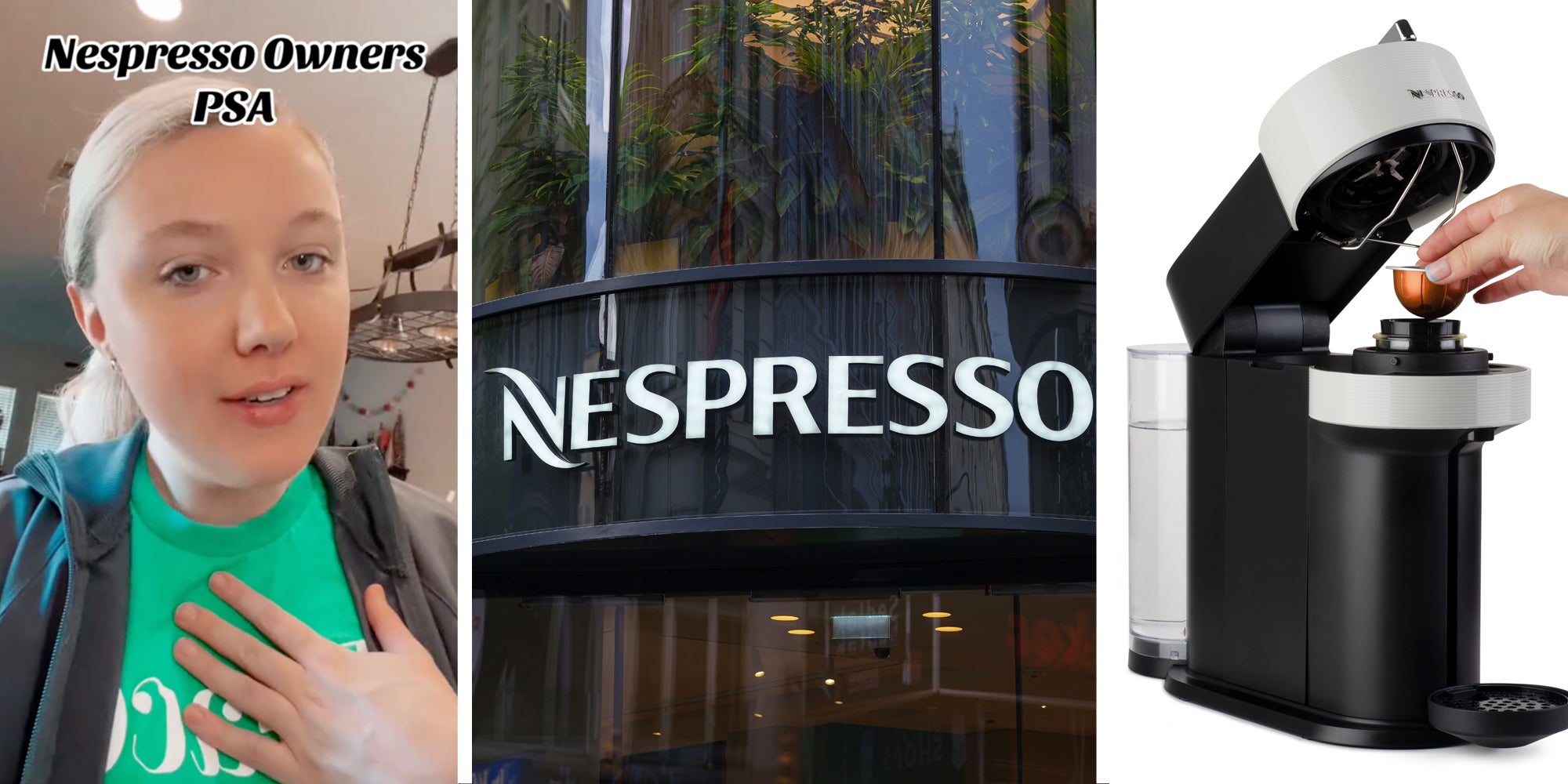 Woman talking with text 'Nespresso Owners PSA'(l), Nespresso logo(c), Nespresso machine with hand putting pod inside(r)