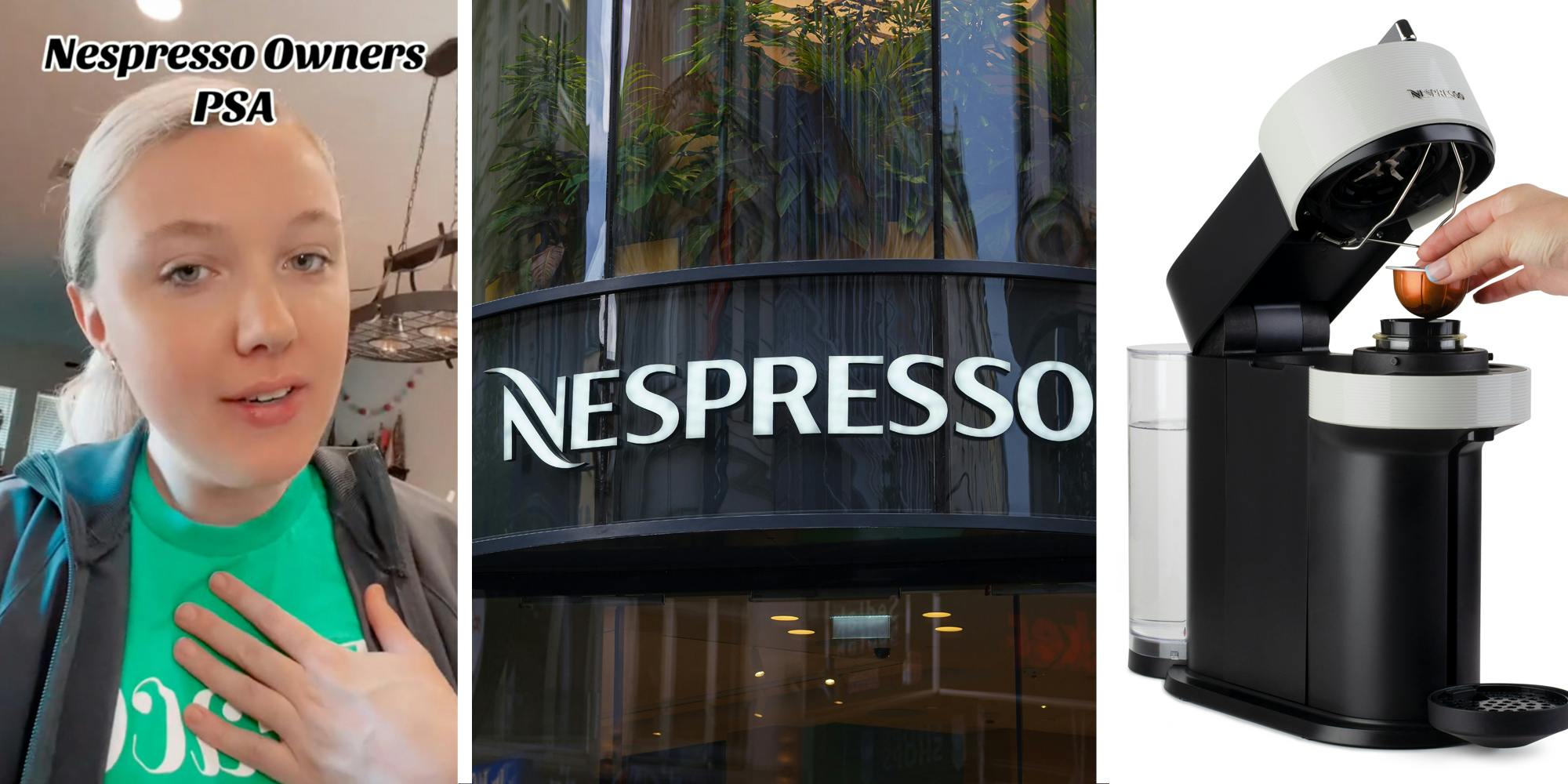 Woman talking with text "Nespresso Owners PSA"(l), Nespresso logo(c), Nespresso machine with hand putting pod inside(r)