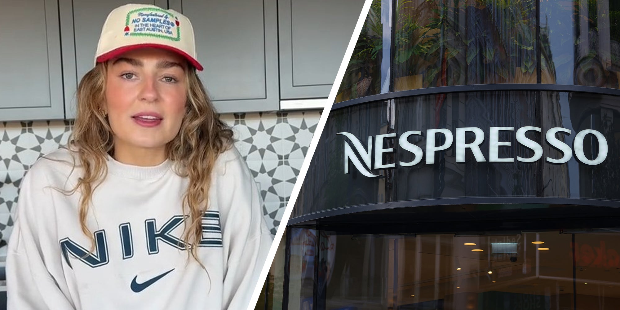 woman wearing nike long sleeve(r) Nespresso Company logo on building(r)