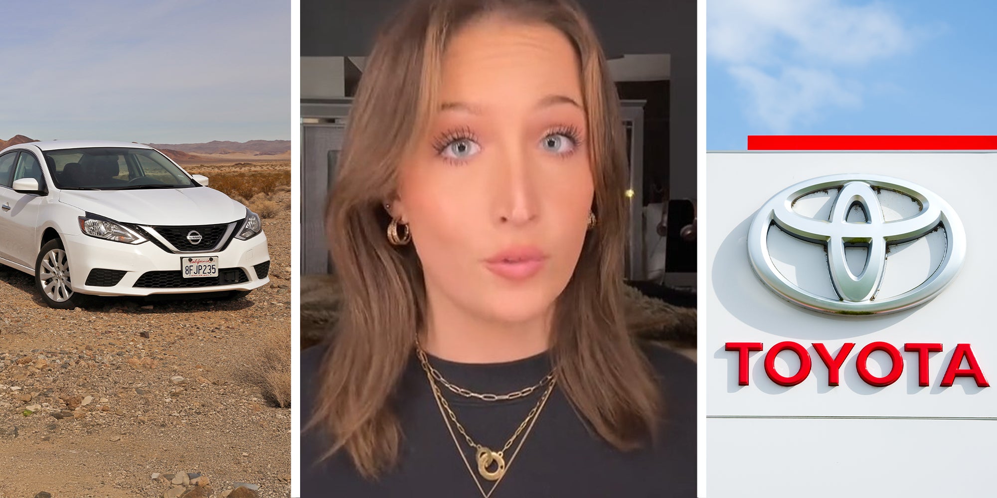 Nissan Car(l) Woman sharing her experience at the dealer(c) Toyota Dealer(r)