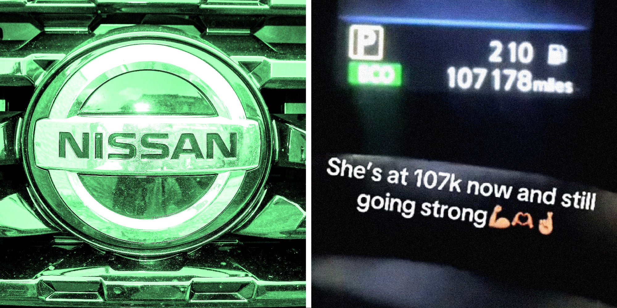 2 panel image: Nissan ornament and shot of car dashboard, with text over: 'She's at 107k now and still going strong.'