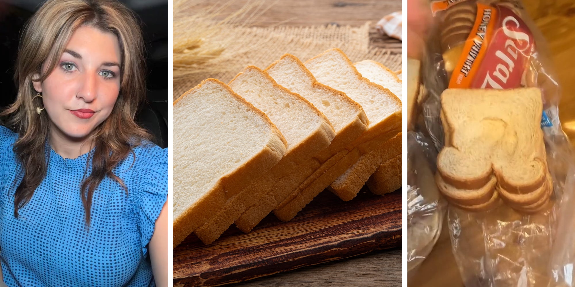 woman sharing what she found with new bread(l) Bread stacked(c) bread on top of plastic(r)