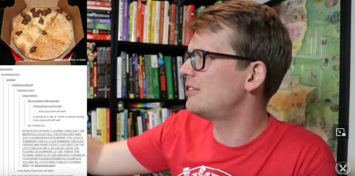 hank green discusses none pizza with left beef