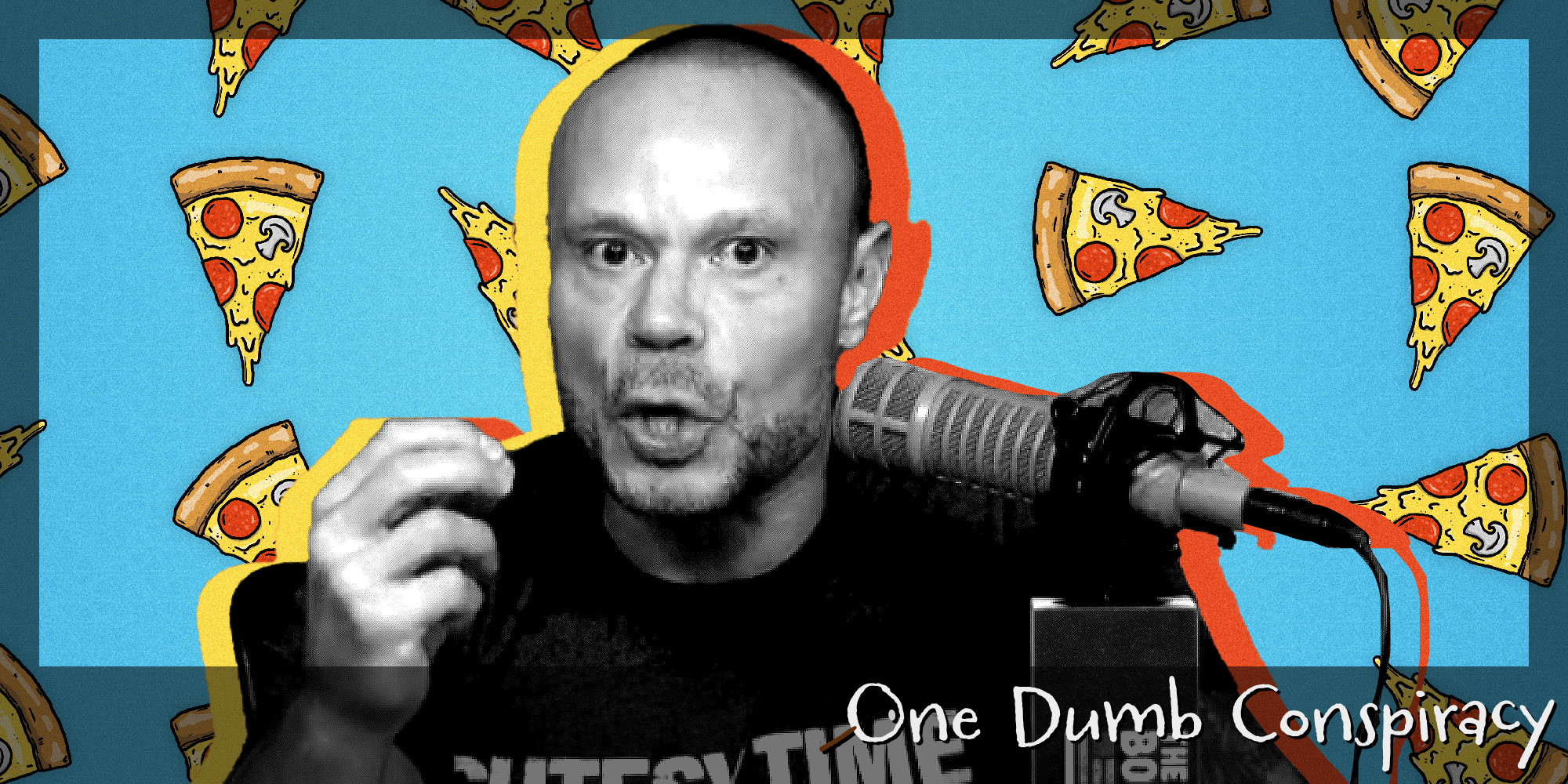 Dan Bongino speaking into mic in front of a background full of pizza slices. There is text that says one dumb conspiracy in a daily dot newsletter web_crawlr font in the bottom right corner.