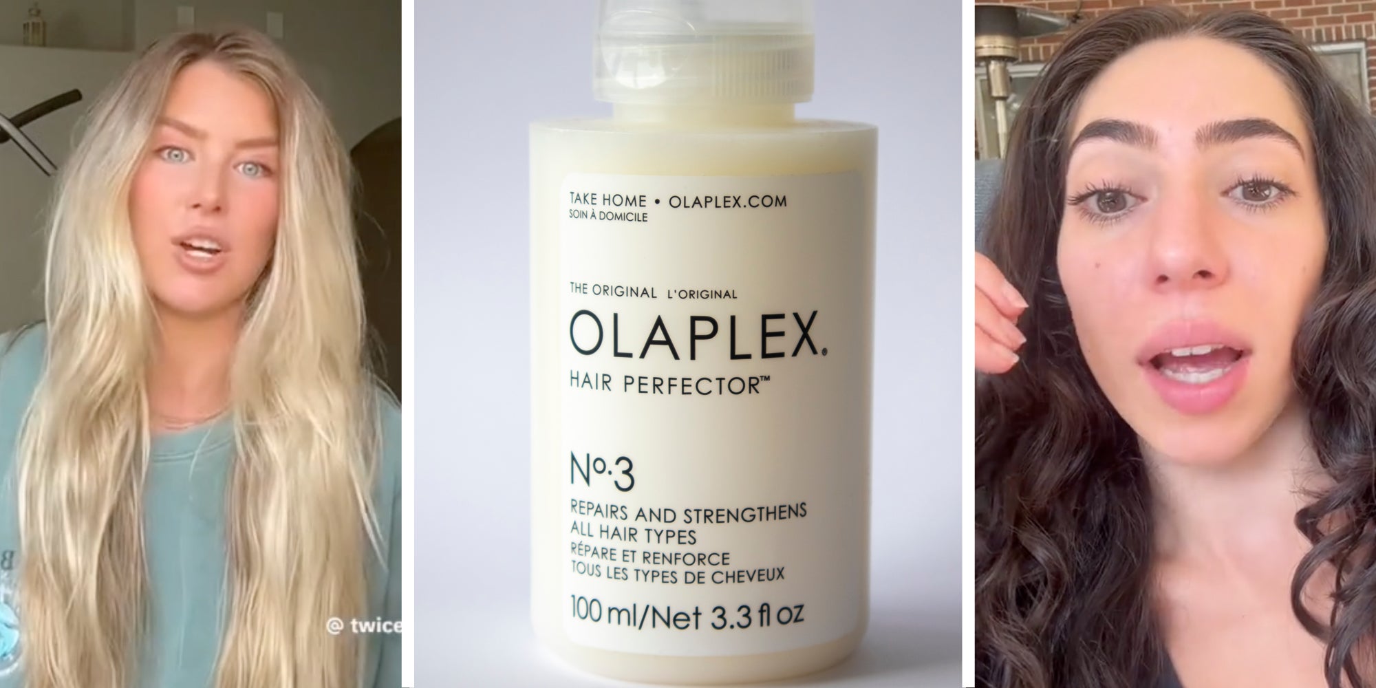 Woman 1 talking(l), olaplex bottle(c), Woman 2 talking(r)