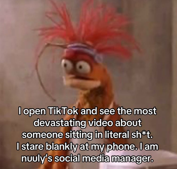 Pepe the King Prawn meme video about the Nuuly Poop Subway Girl by Nuuly's social media manager about opening TikTok after that video went viral.