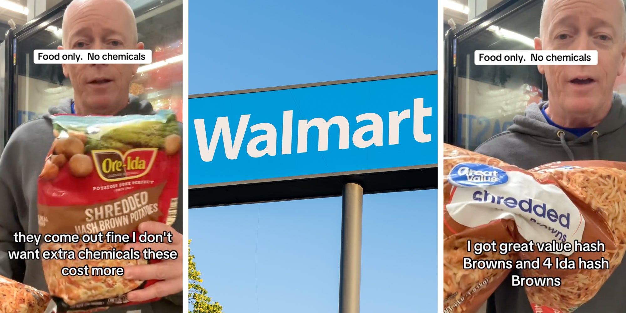 Man holding ore-ida hash browns(l), Walmart sign(c), man holding walmart great value hash browns(r)