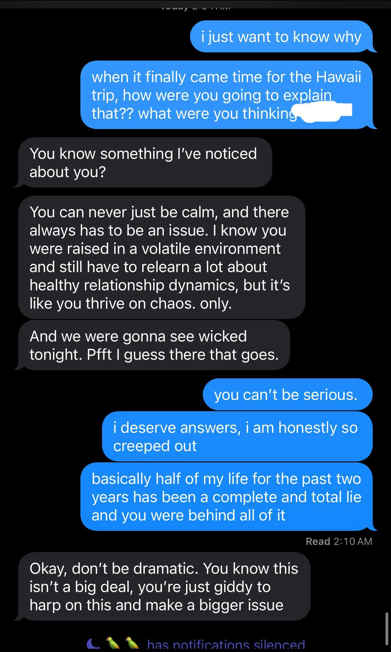 Text message conversation with a controlling boyfriend who pretended to be multiple people in a friend group to gaslight his girlfriend.