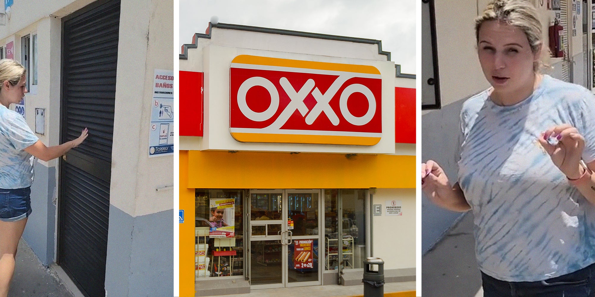 Oxxo Bathroom Door(l) Oxxo Store(c) Woman sharing what she saw at Mexico(r)