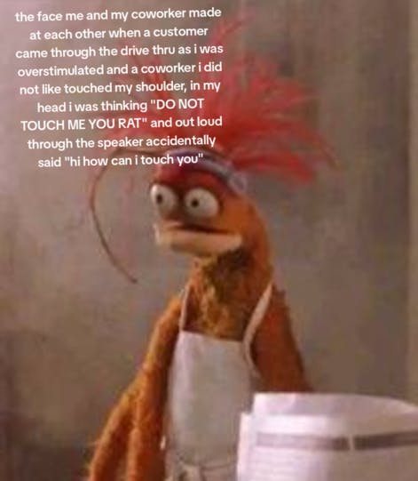 Pepe the King Prawn meme about mixing up words while greeting a customer.