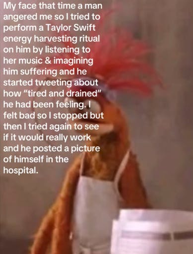 Pepe the King Prawn meme about performing a Taylor Swift energy harvesting ritual.