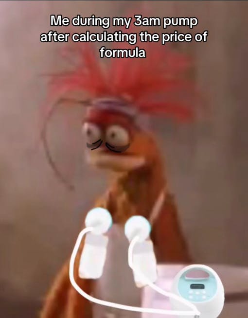 Image of an orange muppet with a breast pump attached and a caption about pumping at 3 am.