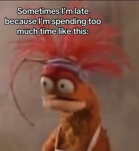 Pepe the King Prawn meme about dissociating while getting ready.