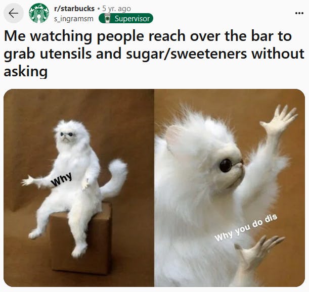 Persian cat meme about Starbucks customers reaching over the bar.