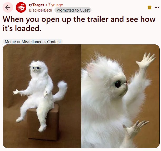 Photos of a white creature with its hands raised complaining about shipping trailers.