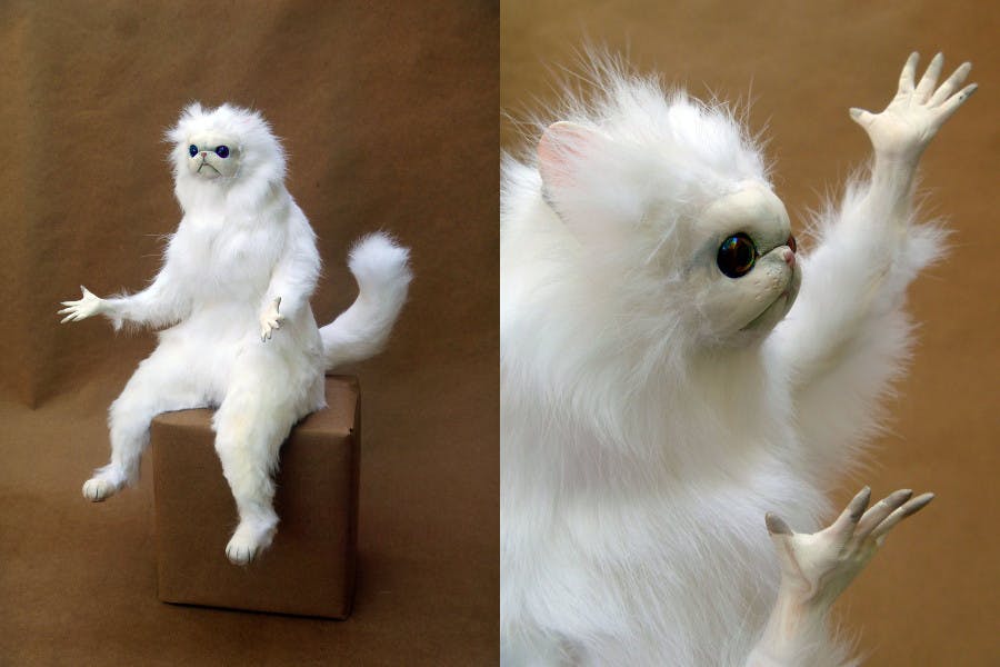 Two side by side photos of a fluffy white creature with its hands spread and raised on a brown background.