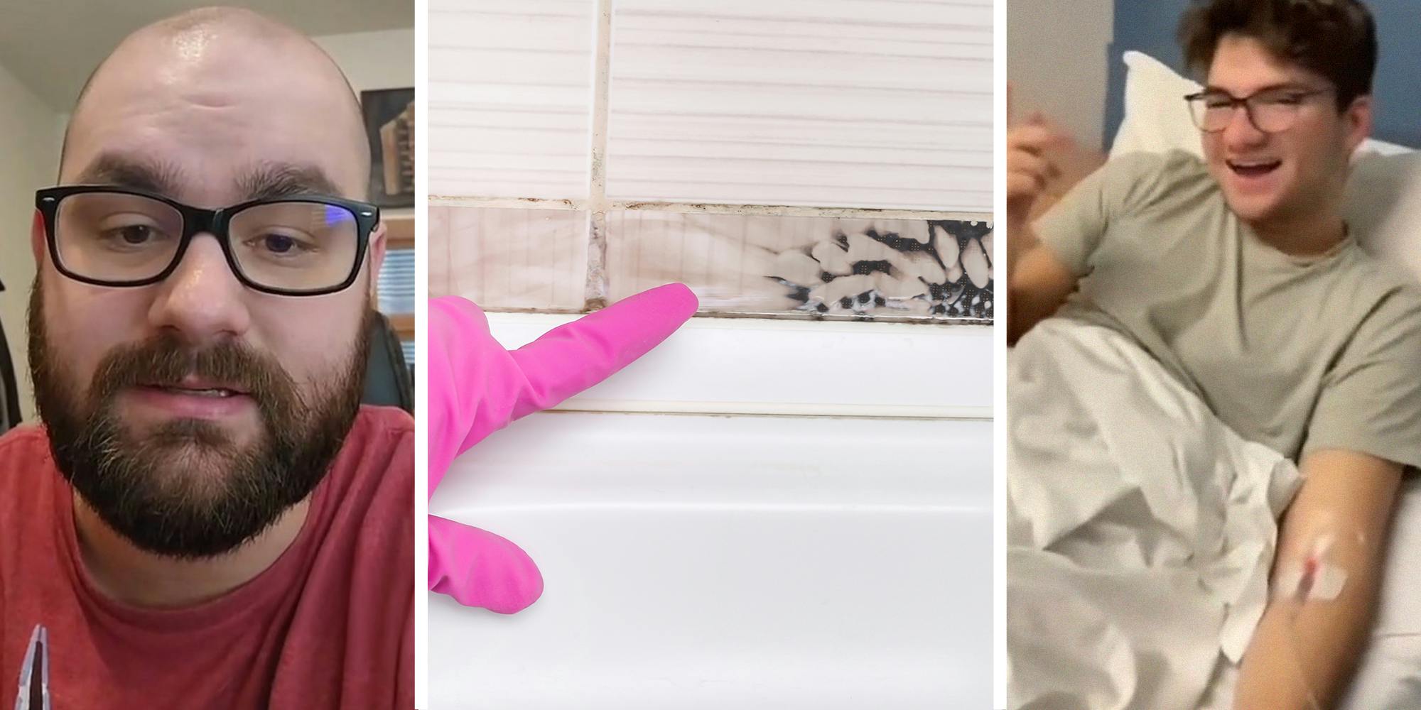 Expert sharing what pink mold is(l) Hand with Pink gloves pointing at Moldy wall(c) Man laughing while at a hospital bed(r)