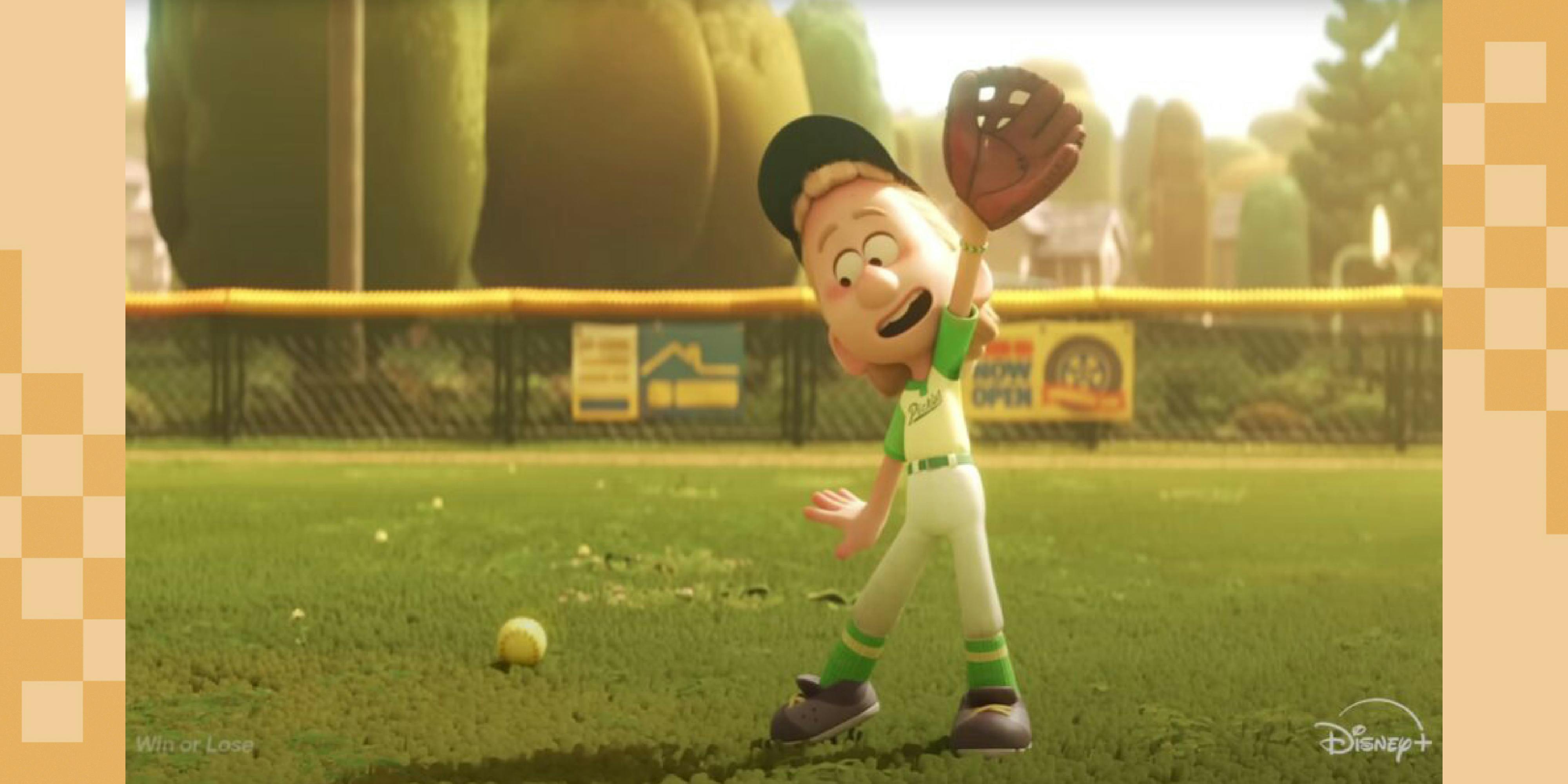 Screenshot of an animated character reaching up and looking at a softball on the ground.