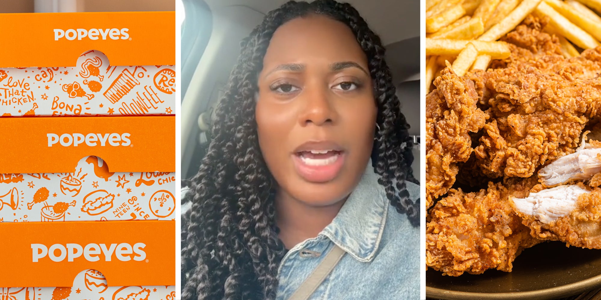 Popeyes boxes(l), Woman talking(c), Chicken tenders(r)