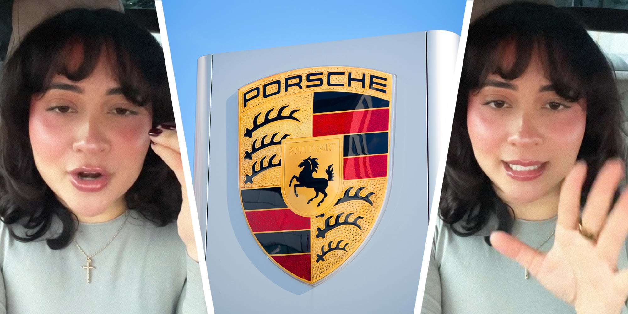 3 panel image: on the sides a person explains, in the middle the Porsche logo.