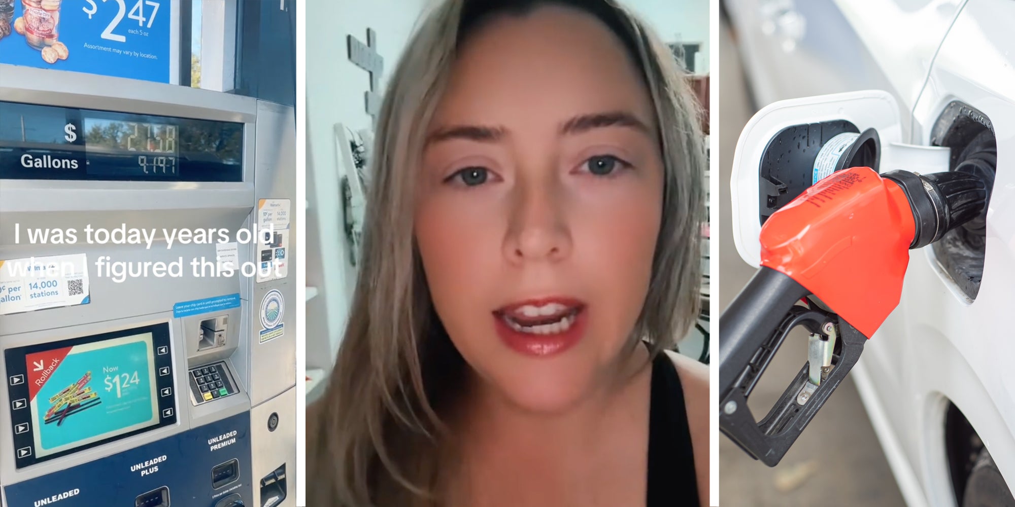 Gas pay station(l), Woman talking(c), Pump in car(r)