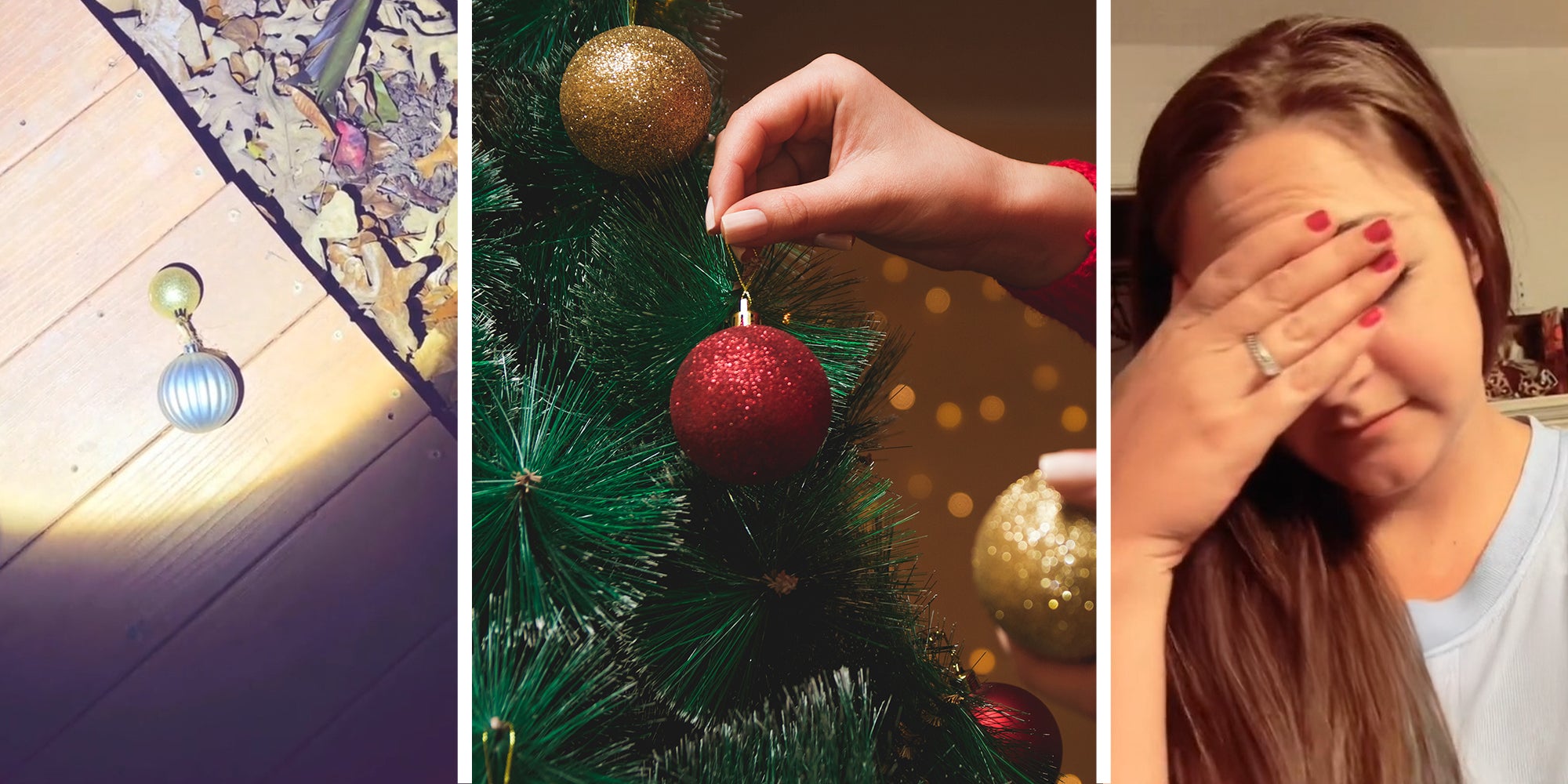 christmas ornament(l) Putting on christmas ornament on tree(c) Woman holding her face(r)