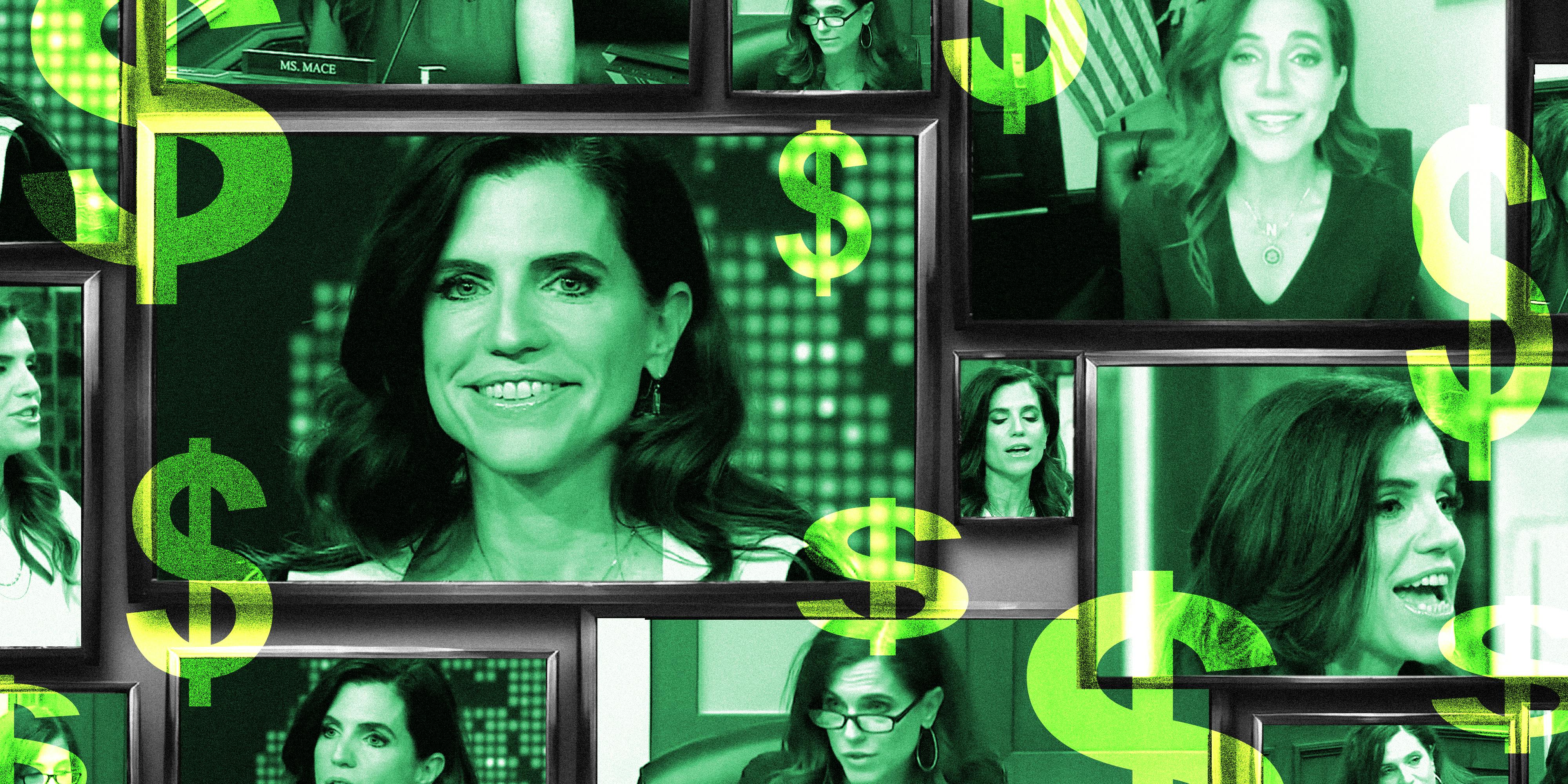 Photo collage of Representative Nancy Mace on a bunch of TV screens. $ signs float around.