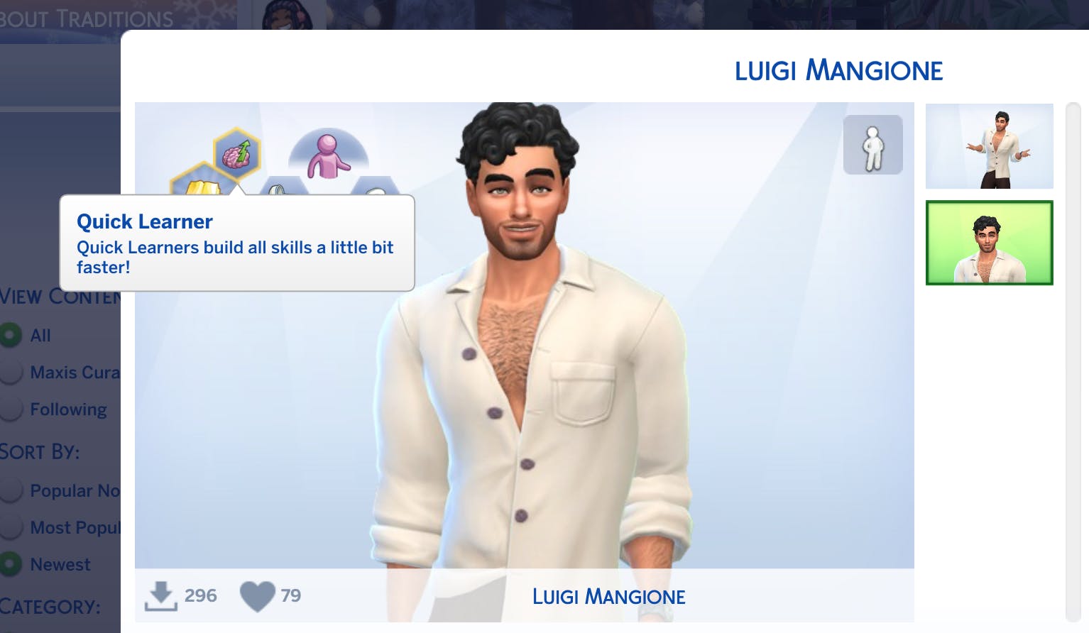 quick learner trait luigi mangione in sims 4