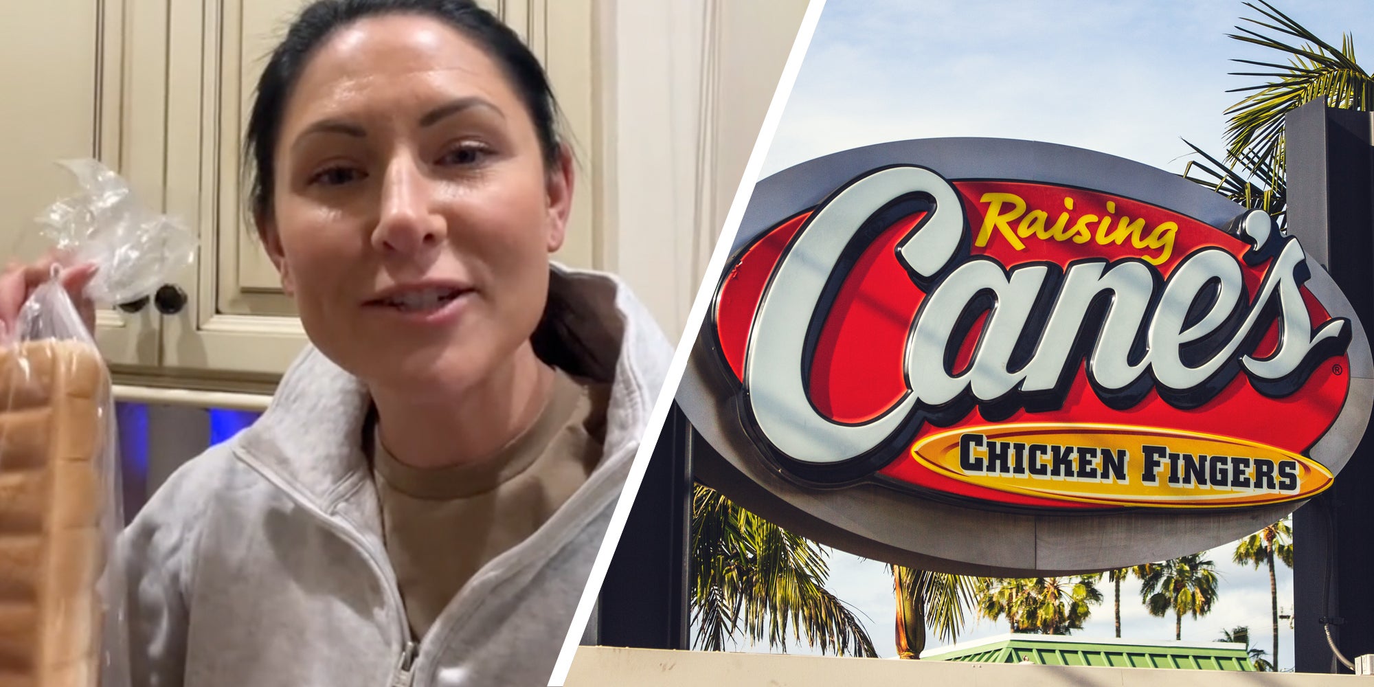 Woman with bread(l), Raising Cane's sign(r)