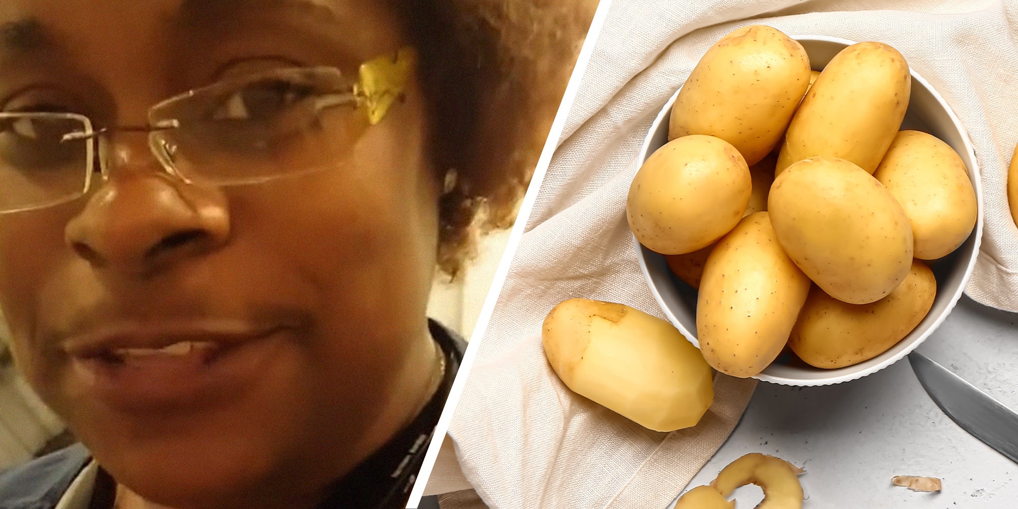 shopper sharing how to check potatoes properly(l) Bowl of Potatoes(r)